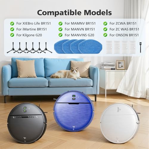 Image of BR151 Robot Vacuum Replacement Parts for iMartine BR151, for XIEBro Life BR151, for MAMNV /ZCWA /ONSON /MANVN /ZC WAS BR151, for Kilgone G20, for MANVINS G20, 4 Filters, 4 Mop Pads, 6 Side Brush