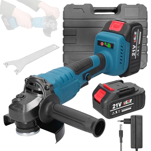 Weytoll Amoladora Angular 125 mm, 21V M14 Amoladora Angular Electrica con Motor sin Escobillas, 2 Baterías de Litio de 1300 mAh, para Cortar, Pulir Baldosas, Madera, Piedra y Acero