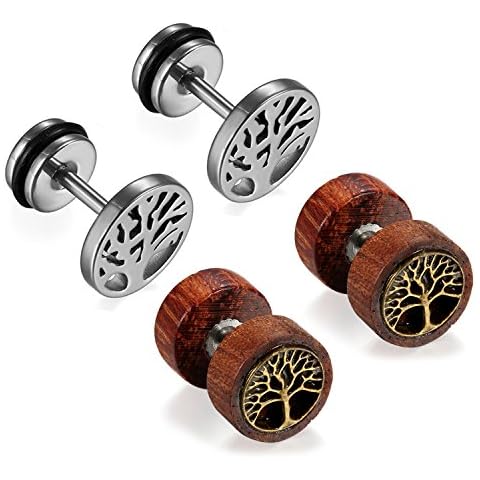 Cupimatch Earrings for Men Flat Back Earrings Sleeper Earrings for Women Men Pack of 2 Pairs(Stainless Steel Earrings Wooden Earrings) Cover