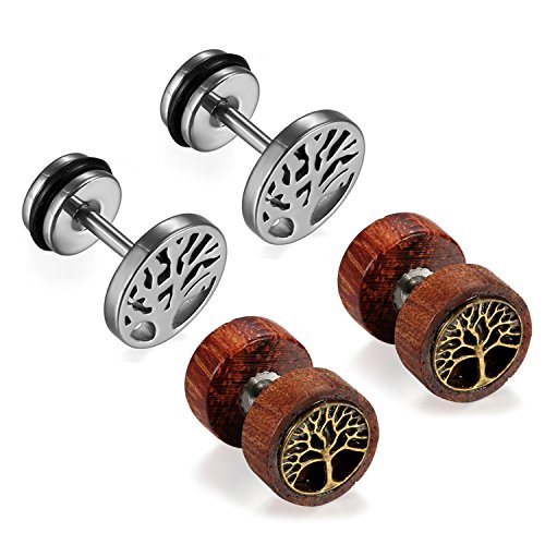 Cupimatch Earrings for Men Flat Back Earrings Sleeper Earrings for Women Men Pack of 2 Pairs(Stainless Steel Earrings Wooden Earrings)