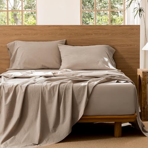Image of MooMee Sheet Set 100% Washed Cotton Linen-Like Extra Deep Pocket Queen | Relaxed Linen-like Texture. Soft, Breathable & Lightweight Comfort. 15-19 inch Extra Deep Pocket with All-around Elastic