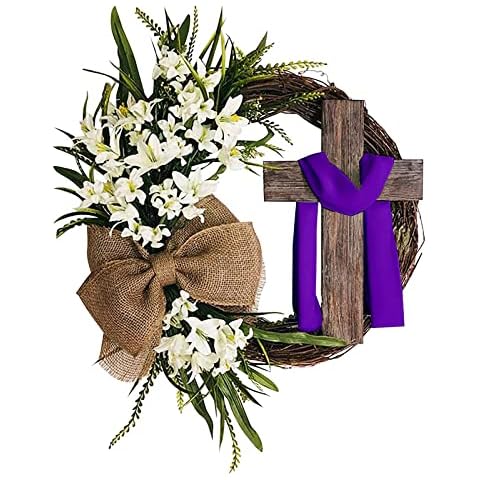 Easter Wreath Decor for Front Door, Easter Wreath with Cross Burlap Bow Rustic Grapevine Wreath Spring Decorating DIY Easter Front Door Wreath Decoration (Purple) Cover