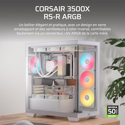 CORSAIR 3500X RS-R ARGB Boîtier PC Moyen-Tour - 3 Ventilateurs RS120-R ARGB Préinstallés, Peut accueillir jusqu'à 10 Ventilateurs 120 mm, Compatible avec Une Carte mère à Connexion inversée - Blanc