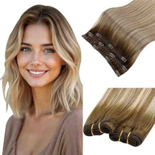 RUNATURE Clip in Hair Extensions Human Hair Balayage for Women