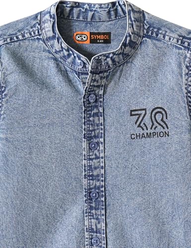 Image of Amazon Brand - Symbol Boys 100% Cotton Regular /Mandarin Collar Denim Shirt | Full Sleeves | Regular Fit | Age 2-14 Years