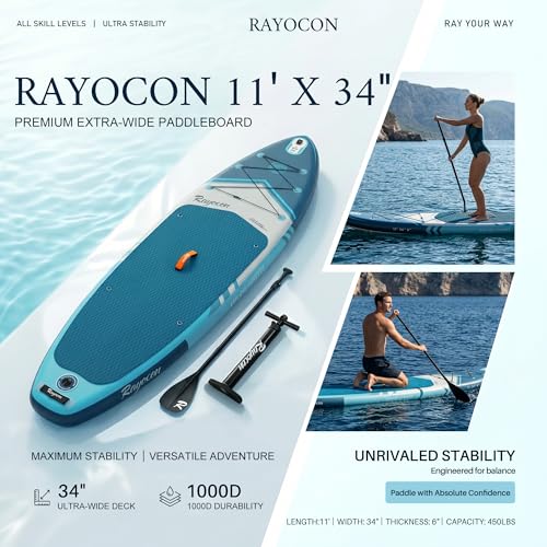 Image of Inflatable Stand Up Paddle Board 11'x34 inch Extra Wide SUP, Ultra-Stable for Adults & Dog, 450lbs, Dual Chamber Pump, Fiberglass Paddle, Military Grade Dual Layer