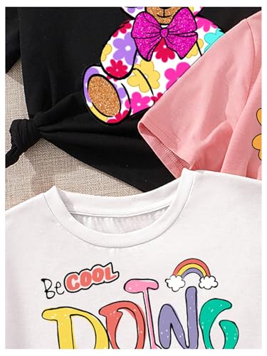 Floerns Girl's 3 Pack Cute Cartoon Print Short Sleeve T Shirt Crew Neck Graphic Tee Top3