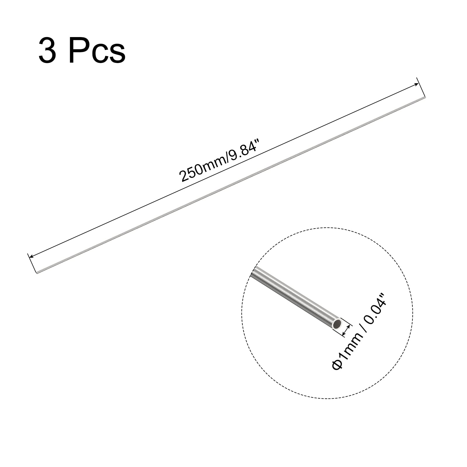 QUARKZMAN 304 Rura kapilarna ze stali nierdzewnej, OD 1mm x 0,1mm gruba ściana 250mm długość metalowa rurka do maszyn przemysłowych, 3 szt