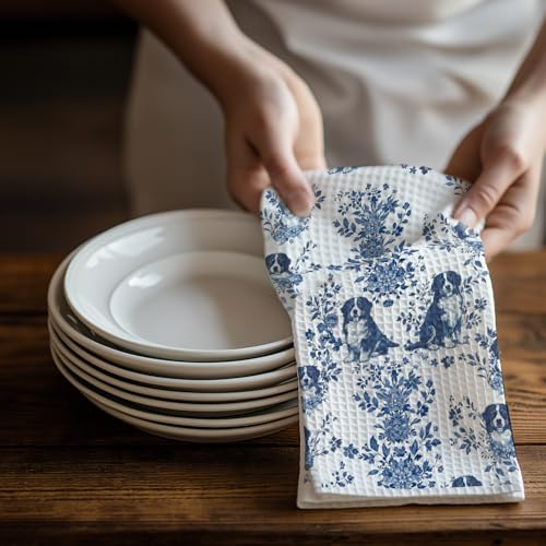 Image of Chinoiserie Bernese Mountain Dog Kitchen & Hand Towels Set of 2, Blue and White Floral Dog Dish & Tea Towels for Kitchen Bathroom Decor, Vintage Toile Dog Lover Gifts for Women 16x24 Inch