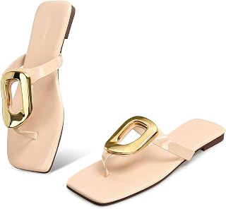 Gold Buckle Flat Sandals for Women Square Toe Dressy Flip Flops Trendy Thong Sandals Slide Sandals