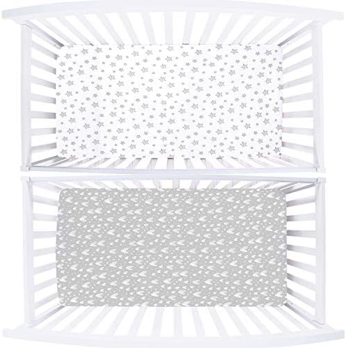 Cot Bed Fitted Sheets(140x70cm) 2 Pack, 100% Cotton Jersey Sheets for Standard Cot Mattress, Ultra Soft and Breathable Toddler & Baby Bed Sheets, White & Grey Print