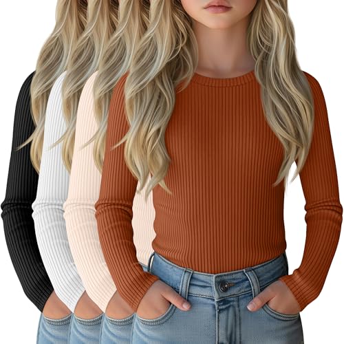 Image of 4 Pack Girls Long Sleeve Shirts Ribbed Knit Cotton Crewneck Tops Slim Fit Soft Casual Kids Base Layer Undershirts