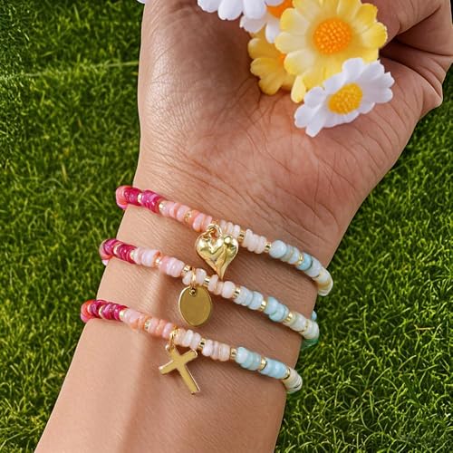 Colorful Roundel Beads Bracelets for Women Gold Plated Love Heart Ellipse Cross Candy Beaded Bracelet, Dainty Cute Handmade Crystal Bead Couple Good Luck Friendship Ester Jewelry Gift2