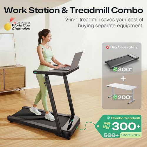 Image of UREVO Treadmill with Standing Desk Workstation, Walking Pad Treadmills for Home Office, Under Desk Compact Design Treadmill with HIIT Programs, Remote Control, LED Display
