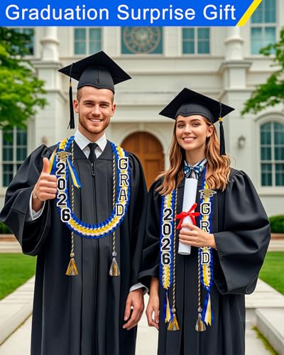 Image of Yigney Graduation Lei Set Class of 2026 Grad Ribbon Leis with Honor Cord Double Braided Graduate Leis for Men Women (1, Blue Gold White)