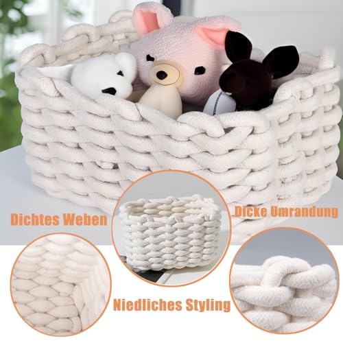 Aufbewahrungskorb aus Baumwolle, Weißes Geflochtenes Körbchen mit DickgarnGeflecht, Badezimmer-Organizer für Schreibtisch & Schminktisch Wickeltisch, Kosmetik, Desktop – Kleine Aufbewahrungsbox