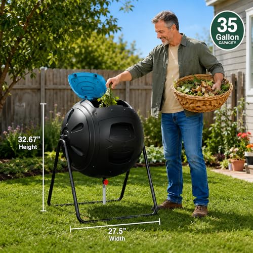 Image of 35 Gallon Tumbling Composter Bin, Heavy Duty Rotating Outdoor Garden Waste Container with Easy Drain Plug for Liquid Collection, Blue