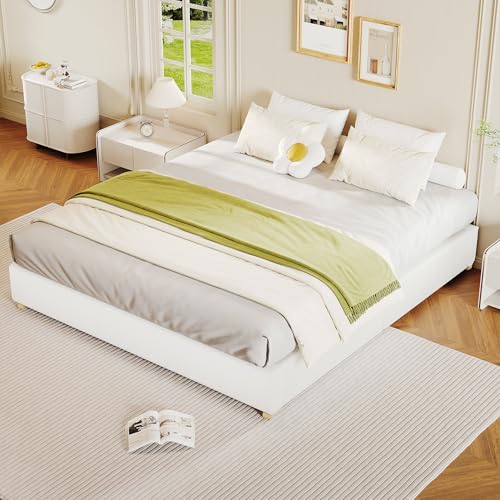 GarveeHome Queen Size Cloud Bed Frame，Corduroy Low Bed Frame Without Headboard, Thick Fabric Upholstered Platform Bed, Solid Wood Legs, No Box Spring Needed, Never Squeak, Easy Assembly, Whi