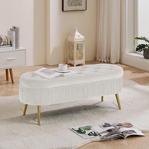 SPOFLYINN Velvet Fabric Storage Ottoman Legs Easy Assembly Shoe Bench for Living Room Entryway Bedroom (43.30''W x 15.74''D X16.53''H) 1 250 Oval PHO_11TX White Solid Wood by SPOFLYINN - Used condition - US$127.64