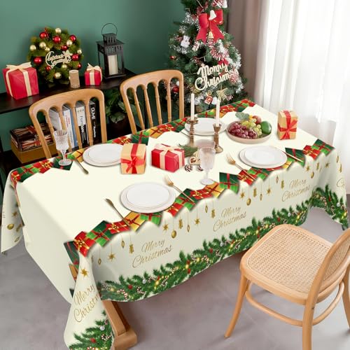2 PCS Plastic Christmas Tablecloths(54x108 Inch) Rectangle Disposable White Green Holiday Xmas Table Cloths Cover Vinyl Merry Party Favors Supplies Decorations Bell Cane Tree Picnic Dinner Decor – Image 7
