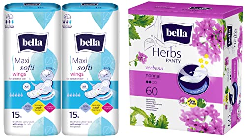 Image of Bella Maxi Soft Wings Classic Sanitary Pads - 15 Pieces (Pack of 2) & Herbs Panty Liners, (Verbena Normal)(Pack of 60)
