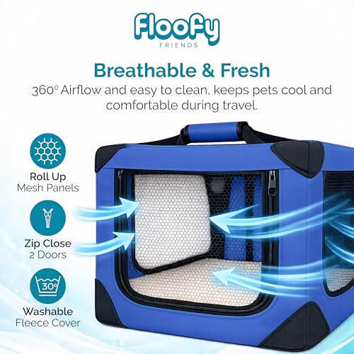 Floofy Friends Pet Carrier Bag, Large Cat Carrier Puppy Dog Carrier for Small Dogs Cats Kittens Rabbits With Reversible Fleece Mat, Foldable Travel Crate for Car - Blue - Image 6