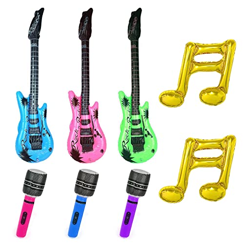 8 accessoires de fête d'instruments de musique. 3 guitares gonflables, 3 microphones gonflables, 2 ballons à notes. Accessoires de fête sur le thème du rock pour les fêtes d'enfants adultes