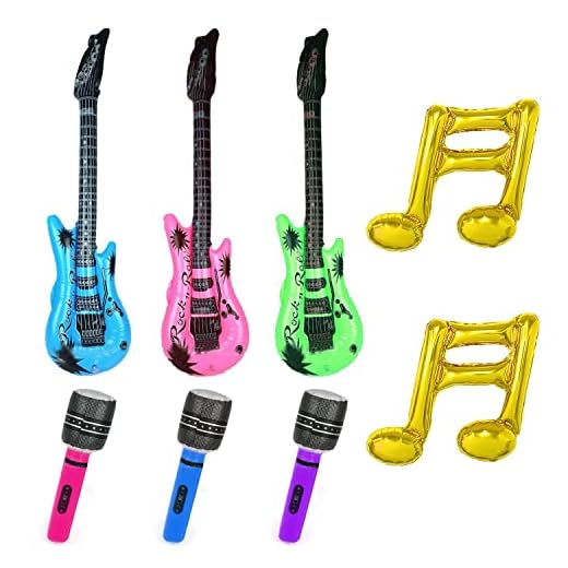 Paquete de 8 accesorios para fiestas de instrumentos musicales. 3 guitarras inflables, 3 micrófonos inflables, 2 globos de notas, accesorios de fiesta con temática de rock para adultos y niños.