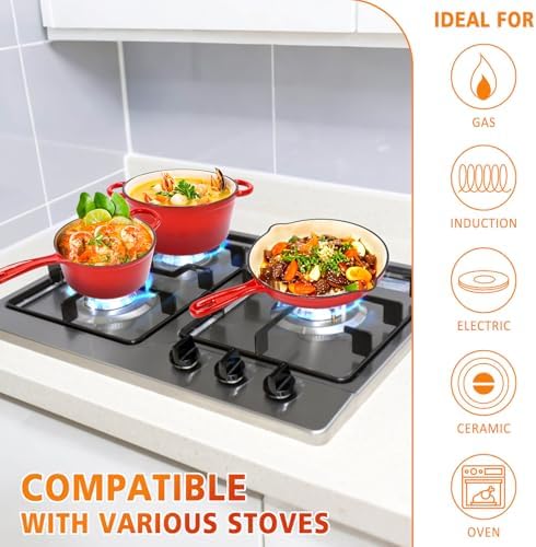 Enameled Cast Iron Cookware Set - 3 PC Set of 5.5QT Dutch Ovens, 2QT Sauce Pan, 10.2 Inch Ceramic Frying Pan, Ceramic Coated Cast Iron Dutch Ovens set, Heavy Duty, Gas/Induction Compatible,Red - Thumbnail 4