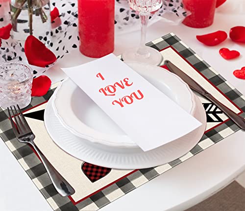 Valentines Day Placemats Set Of 4,Buffalo Plaid With Love Hearts Arrow Heat-Resistant Place Mats,Anniversary Wedding Table Decors For Farmhouse Kitchen Dining Party 12X18 Inch #TOP4