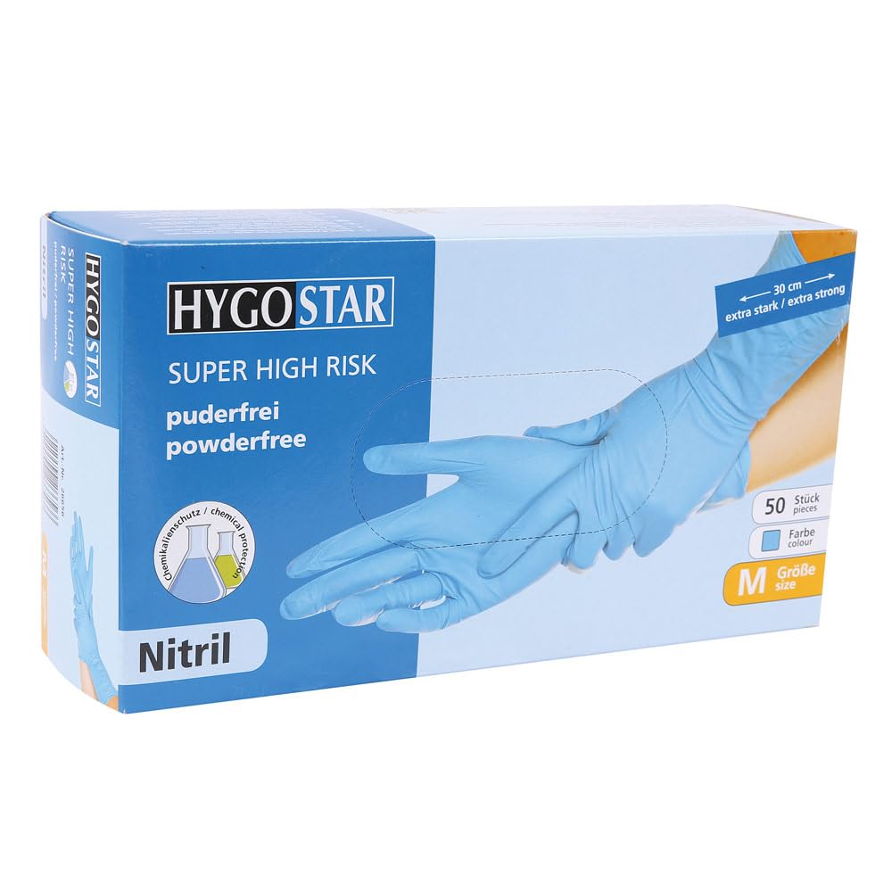 FRANZ MENSCH 500 Stück Hygostar Chemikalienschutzhandschuhe Super High Risk | Nitril, blau, 8/M, L: 30cm, Karton, Schutzhandschuhe, Chemie-Handschuhe, Latexhandschuhe