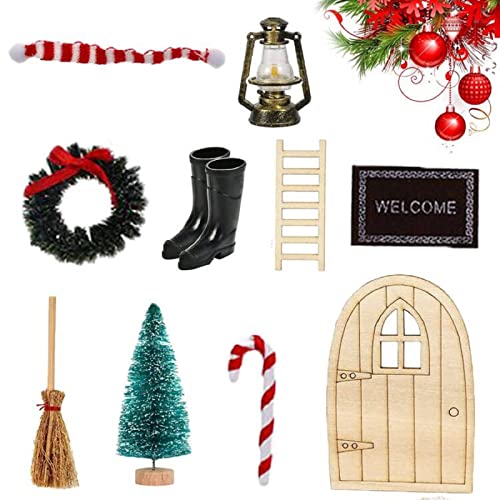 SunAurora Wichteltür Weihnachten Set,Wichteltür mit 10 Zubehör,Weihnachtself Tür Deko,Miniatur Fairy Tree Dekorationen Cover