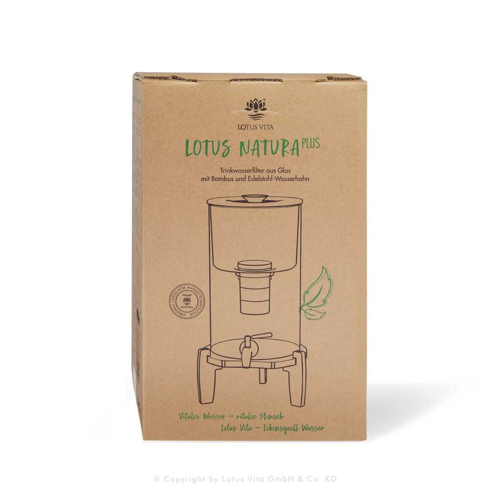 Lotus Vita Glas-Wasserspender mit Filter Natura Plus 4 Liter - Bambus und Edelstahl - 4 Stufen Filter