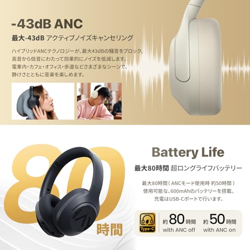 Haylou ワイヤレスノイズキャンセリングヘッドホン S30 [最大-43dB 強力ノイキャン Bluetooth 5.4 ハイレゾ 最大 80時間再生 マイク付 2台同時接続マルチポイント タッチで会話モード 外音取り込みモード 軽量 折りたたみ式 ] HL-S30BK ブラック 【国内正規品】