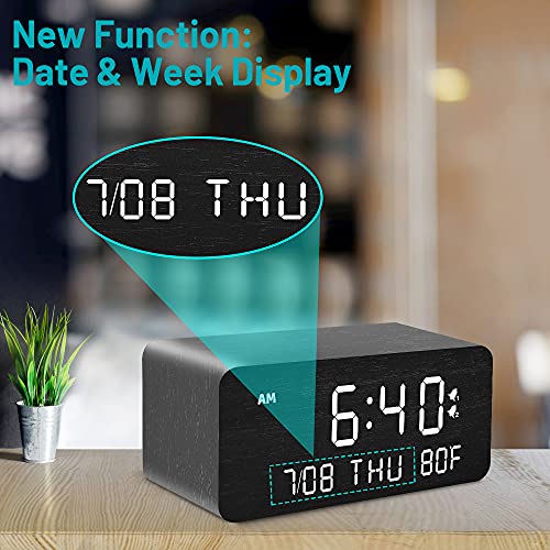 Andoolex Wooden Digital Alarm Clock With Wireless Charging, 0-100% Adjustable Brightness Dimmer And Alarm Volume, Weekday /Weekend Mode, Dual Alarm, Snooze, 12/24H, Wood Led Clock For Bedroom (Black) #TOP5