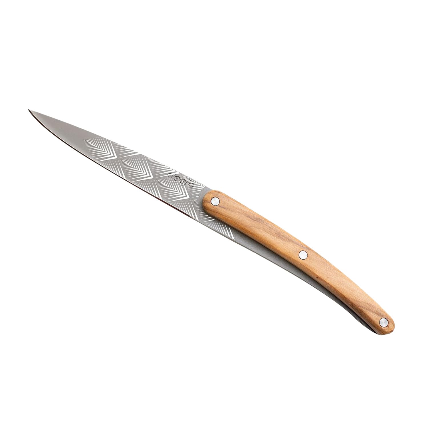 deejo - Lot de 2 Couteaux d’Office - Manches en Bois d’Olivier et Corail, Motif Art Déco - Lames Fixes en Acier Inoxydable 2CR14, Finition Titane Gris Anthracite