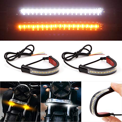 1 Pair Universal Motorcycle LED Fork Tail Brake Stop Turn Signal Daytime Running Light Flexible Switchback Dual-Color White & Amber 36LED Stip Lights kit Waterproof for Motorbike (2PCS, White & Amber)