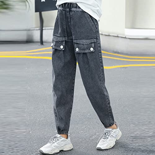 Kids Girls Baggy Denim Pants Flap Pocket Side Relaxed Fit Straight Wide Leg Cargo Jeans Cuffed Casual Denim Trousers4