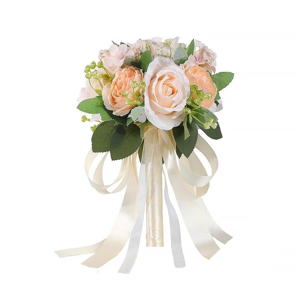 Huffa Kumquatpowder Artificial Lisianthus Bouquet For Wedding - Elegant Fake Rose Bouquet For Bride And Bridesmaid(Kumquatpowder)
