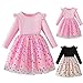 Little Girls Heart Pattern Tulle Dresses Cute Patchwork Ruffle Long Sleeve A-Line Holiday Party Dress for 1-8 Years