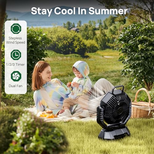 AJVV Camping Fan, 20000mAh Rechargeable Battery Fan with Stepless Wind Speed, Rechargeable Personal Desk USB with Hanging Hook/Light/Power Bank, for Home Outdoor Travel Fishing - Black - Image 3