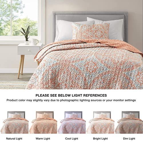 Comfort Spaces Reversible Quilt Set-Vermicelli Stitching Design All Season, Lightweight, Coverlet Bedspread Bedding, Matching Shams, Twin/Twin Xl (66 In X 90 In, Gloria Damask Coral 2 Piece #TOP1