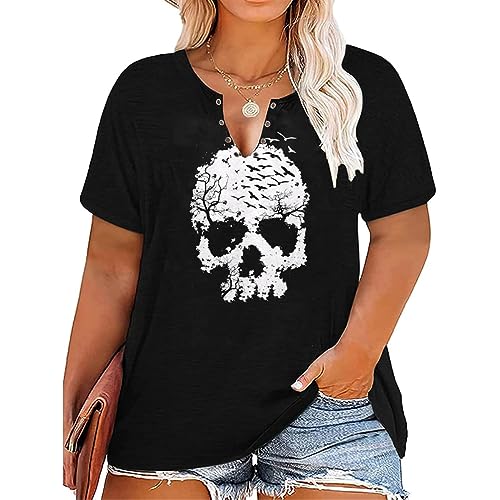 Plus Size Halloween Skull Shirt Women V-Neck Hollow Out Gothic Graphic Horror Tees Loose Short Sleeve T-Shirt Tops