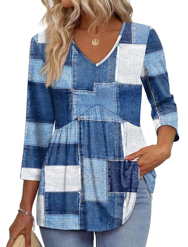 Image of OFEEFAN 3 /4 Length Sleeve Womens Tops 2026 Blouses for Women Dressy Casual Fashion Clothing V Neck Babydoll Tops Fall Outfits