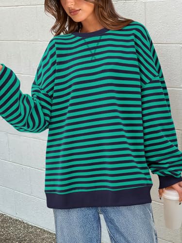 Image of PRETTYGARDEN Womens Striped Oversized Sweatshirt Color Block Crew Neck Long Sleeve Casual Loose Pullover Top Y2K Clothes