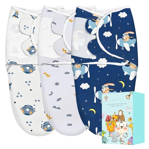 Image of Cute Castle 3-Pack Baby Swaddle Sleep Sacks - Perfect Boxs - Newborn Swaddle Sack - Ergonomic Baby Swaddles Warp Blanket for Boys and Girls (Small 0-3 Months), Planet, Sun, Flying Rabbit