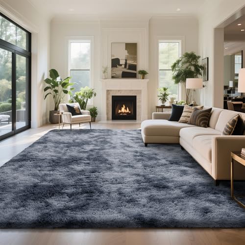 Fluffy Rug Shaggy Area Rug, Mottling Dark Grey 8x10 Area Rugs for Living Room, Large Shag Area Rugs for Bedroom Kids Room Home Decor, Upgrade Anti-Skid Rectangular Fuzzy Rugs
