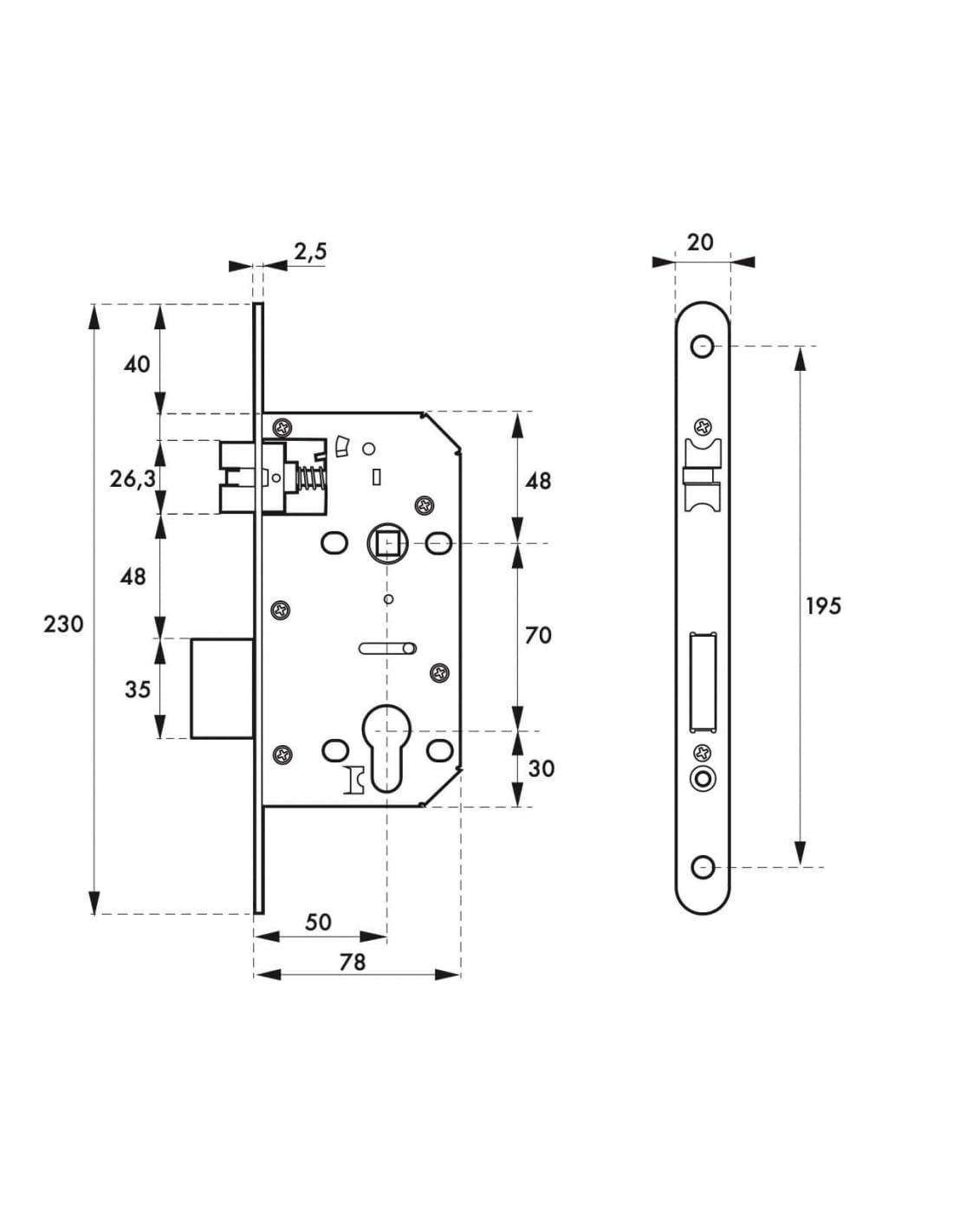 INTELOCK - Serrure Encastrable avec Trou Cylindre pour Porte d'Entrée - Inox - Axe 50 mm - Entr'Axes 70 mm - Carré 8 mm - Réversible - Bouts Ronds - Gris