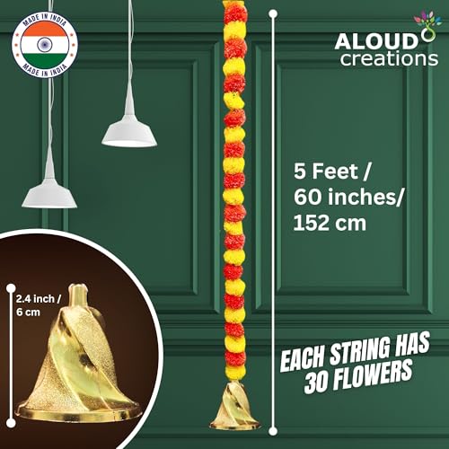 Image of ALOUD CREATIONS 5Pc Handmade Artificial Marigold Flowers with Bell Hanging | Latkan Toran for Home, Office, Festival, Pooja Room | Artificial Flower Backdrop for Decoration | 5 Feet Length (60 inch)
