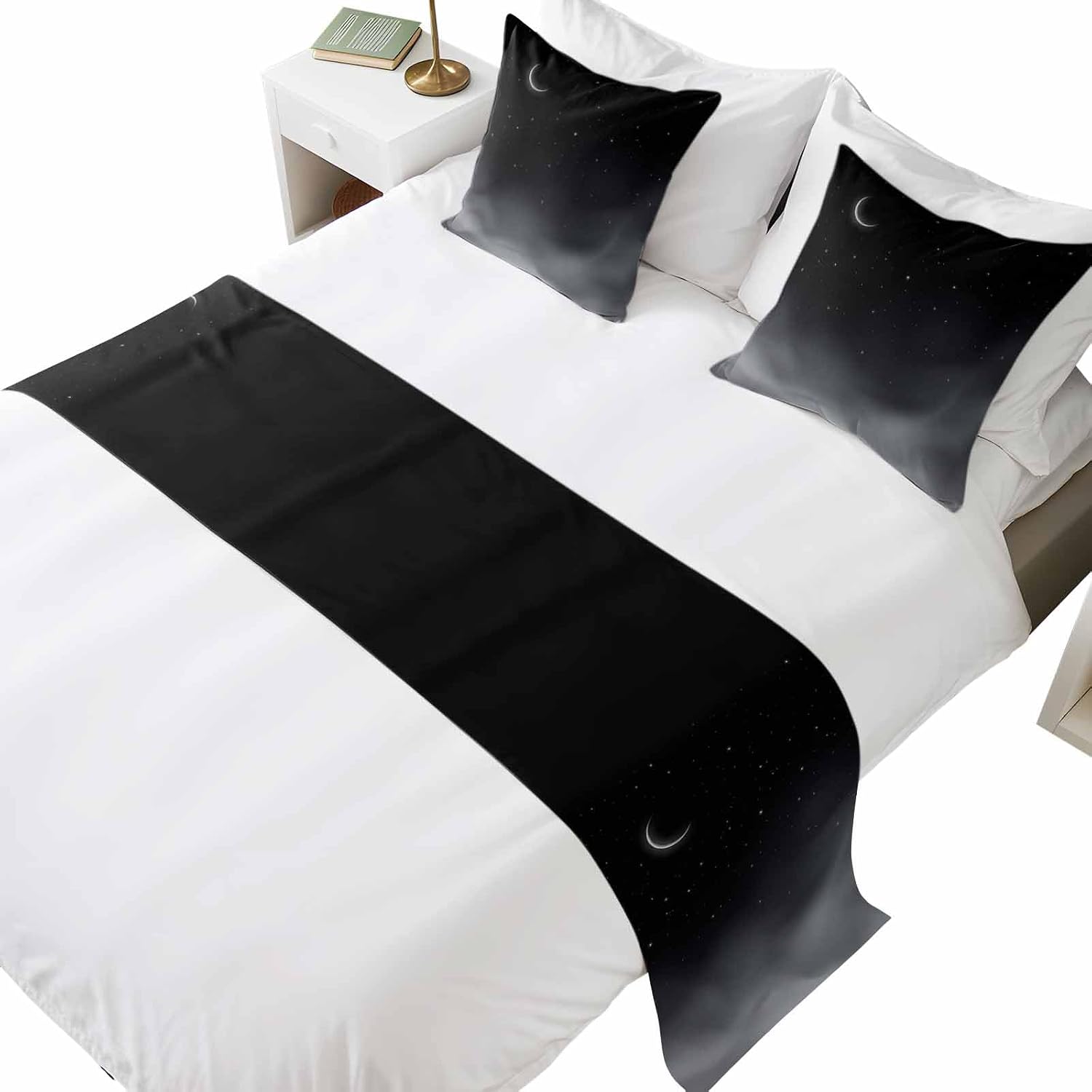 Night Stars Moon Bed Runners for Full/Queen Size Bed, Modern Abstract Art Cloud Fog Bedroom Hotel Wedding Room Bedding Scarf Protector Beds Scarves Throw for Foot and Pillowcase Set 18x18in